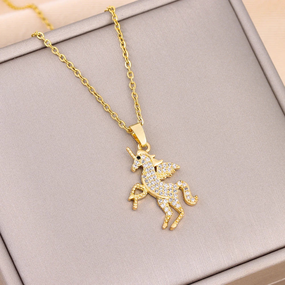 Collier Licorne, bijou en acier inoxydable doré et zircons naturels