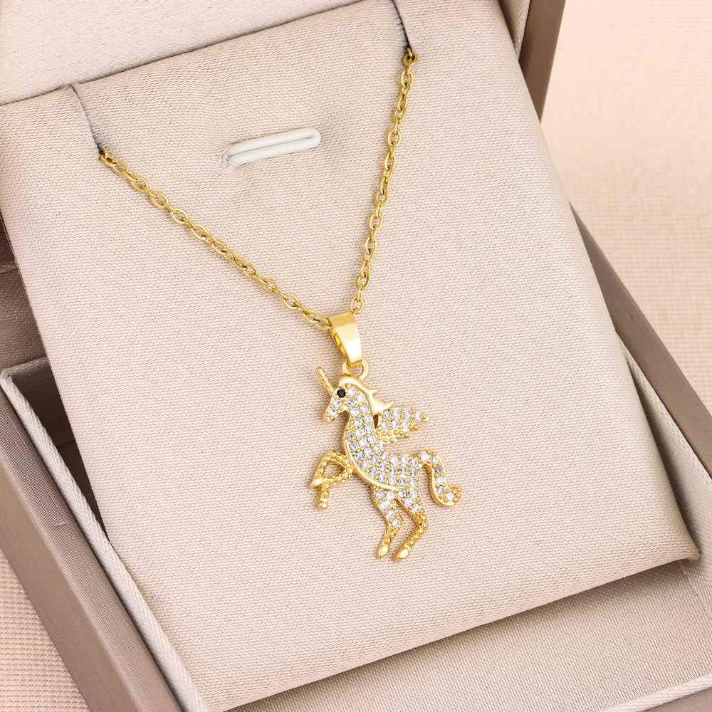Collier Licorne, bijou en acier inoxydable doré et zircons naturels