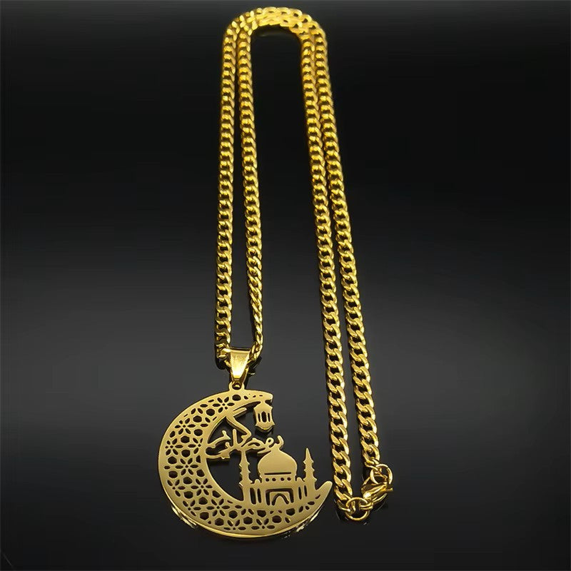 Collier Mosquée sur croissant de lune, chaîne maille cubaine, bijou en acier inoxydable doré