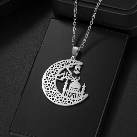 Collier Mosquée sur croissant de lune, chaîne maille forçat, bijou en acier inoxydable