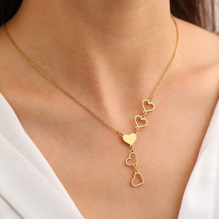 Collier Coeurs ajourés, de type sautoir, bijou en acier inoxydable
