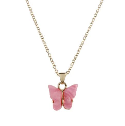 Collier Papillon rose foncé, bijou en acier inoxydable argenté