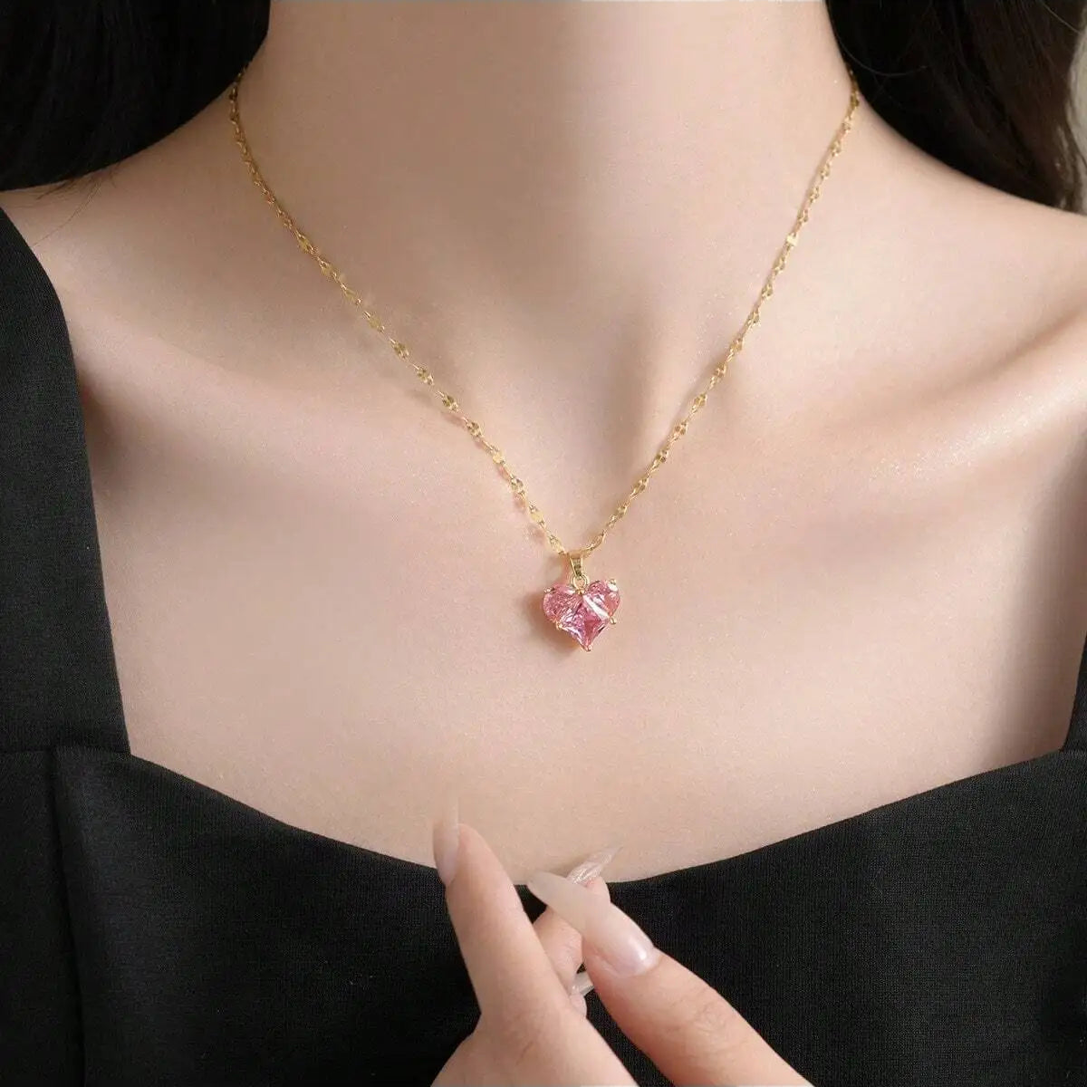 Collier Coeur en zircons roses, bijou en alliage plaqué or 585 (14 carats)