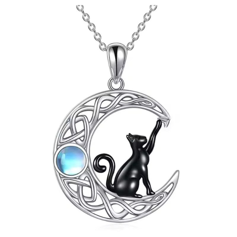 Collier pendentif Chat sur croissant de lune, bijou en alliage plaqué argent