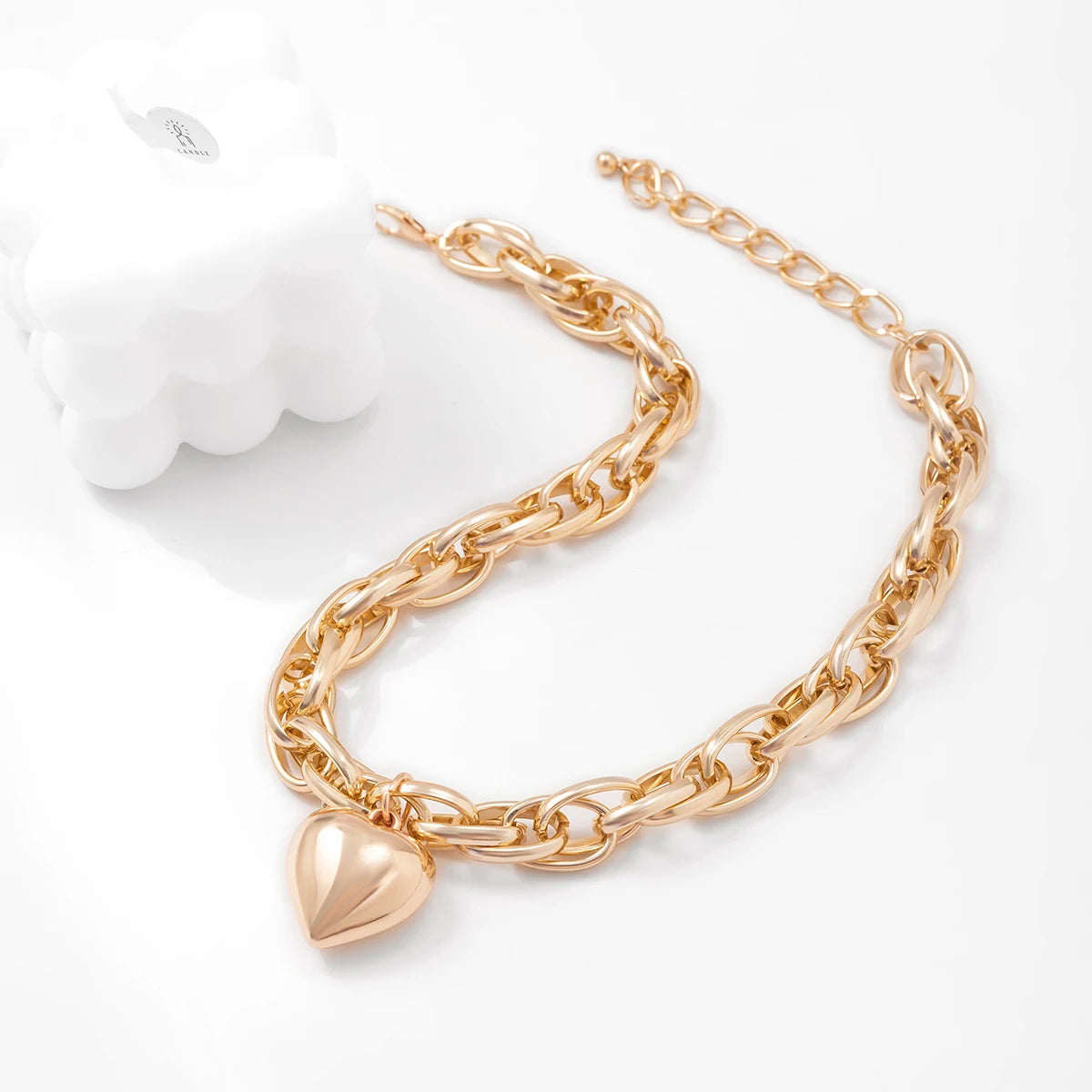 Collier gros maillons et pendentif coeur, bijou en alliage plaqué or