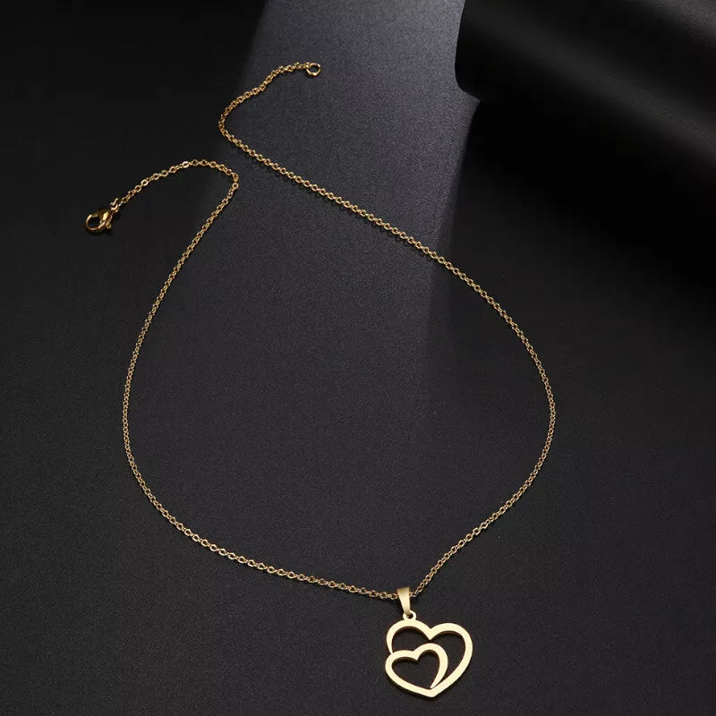 Collier pendentif Duo de coeurs, bijou en acier inoxydable doré