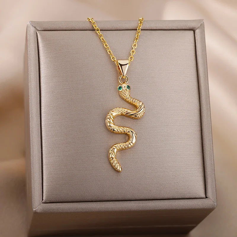 Collier Serpent, bijou en acier inoxydable doré et zircons naturels