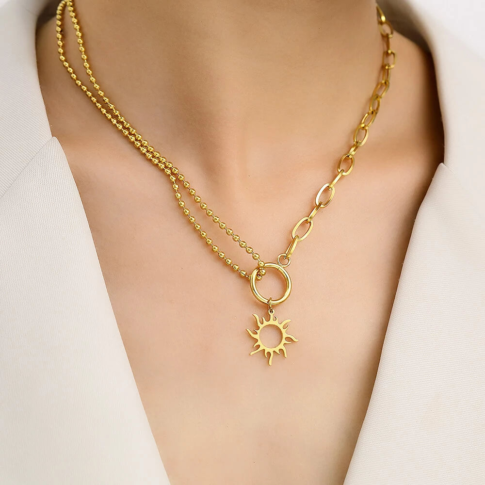 Collier asymétrique Soleil, bijou en acier inoxydable doré
