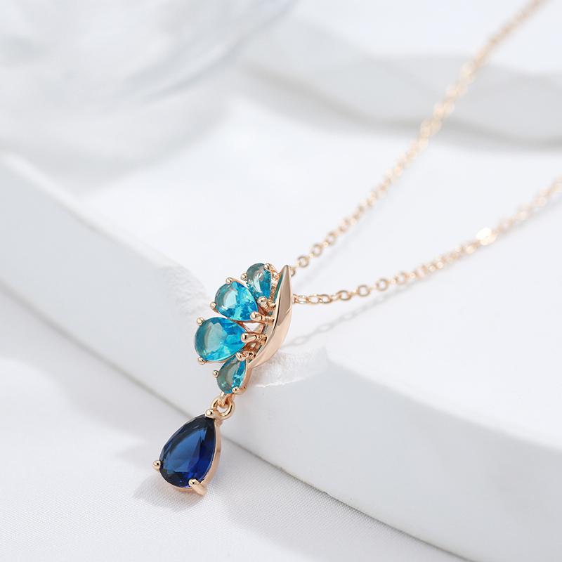 Collier Blue, bijou en alliage plaqué or 585 (14 carats) et en zircons naturels
