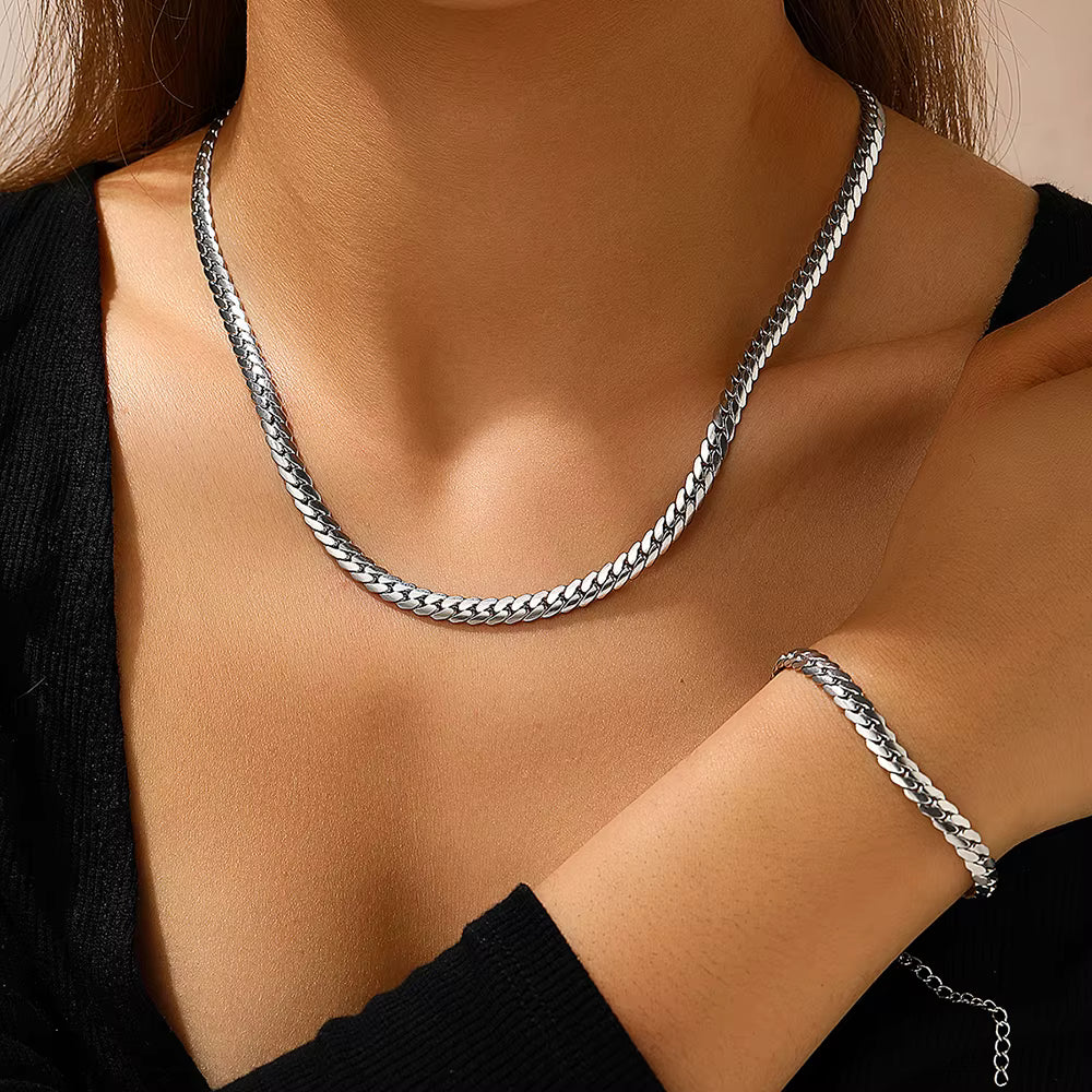 Parure de bijoux collier et bracelet, chaîne maille cubaine, bijoux en acier inoxydable