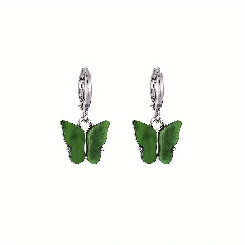 Boucles d'oreilles Papillons vert foncé, bijou en acier inoxydable argenté et en acrylique
