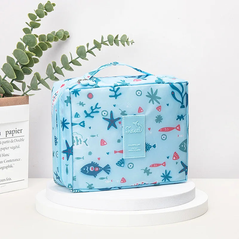 Trousse de maquillage de voyage, bleu ciel, à motif marin