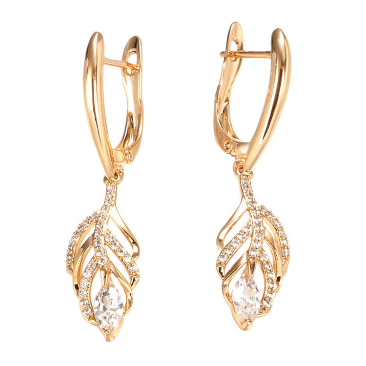Boucles d'oreilles feuille en zircons blancs, bijou en plaqué or rose