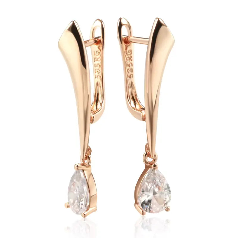 Boucles d'oreilles zircons en forme de poire, bijou en plaqué or rose 585 (14 carats) et en zircons naturels