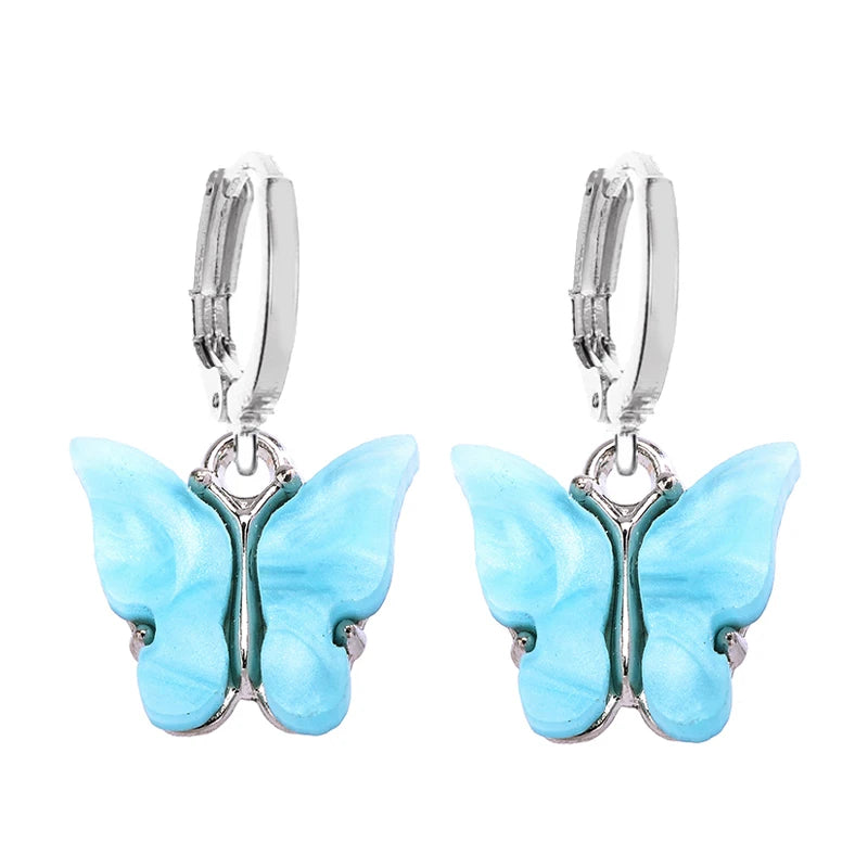 Boucles d'oreilles Papillons bleu clair, bijou en acier inoxydable argenté et en acrylique