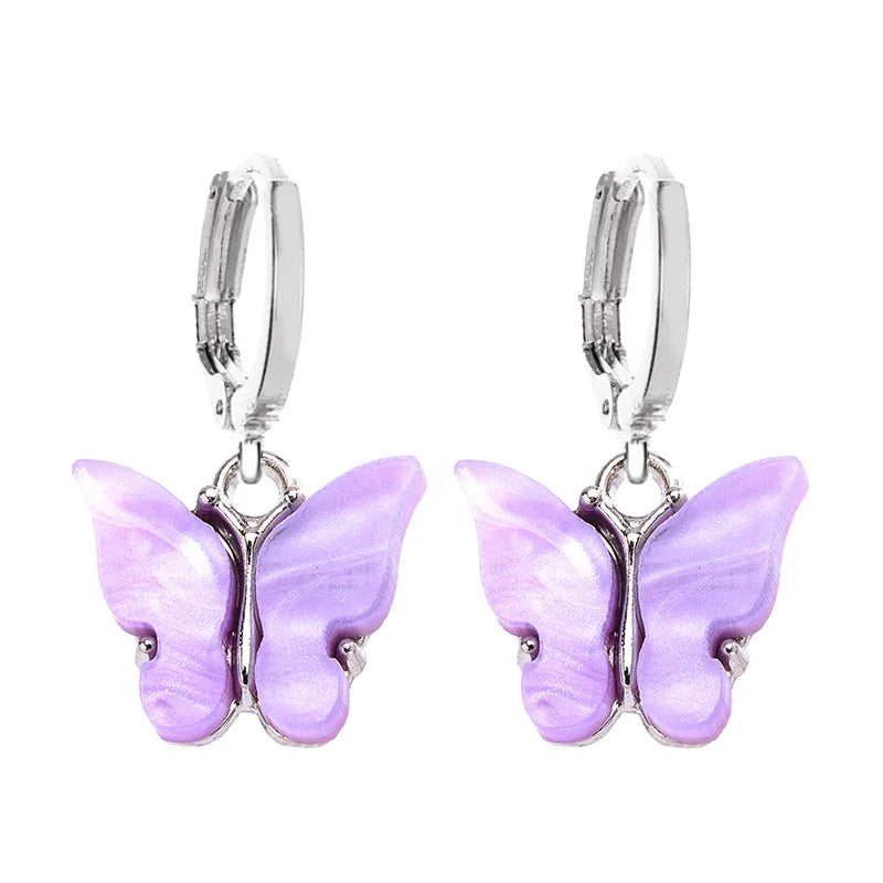 Boucles d'oreilles Papillons mauves, bijou en acier inoxydable argenté et en acrylique