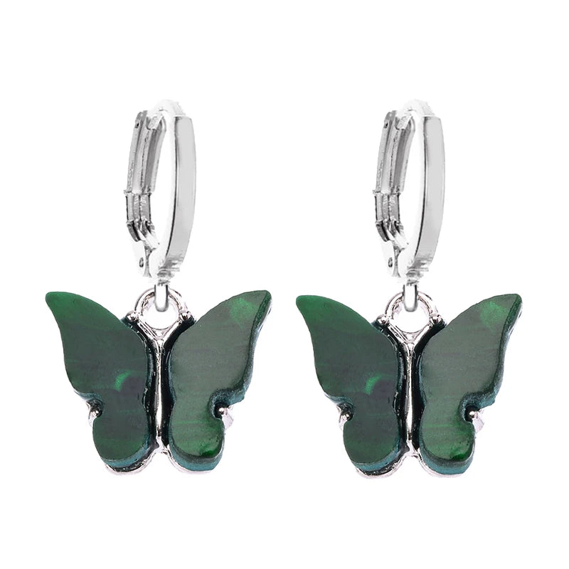 Boucles d'oreilles Papillons vert foncé, bijou en acier inoxydable argenté et en acrylique