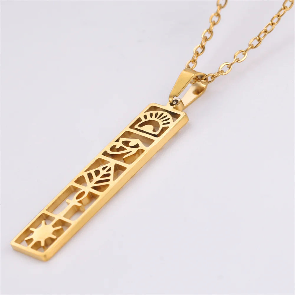 Collier avec cartouche d'hiéroglyphes Soleil, bijou en acier inoxydable doré