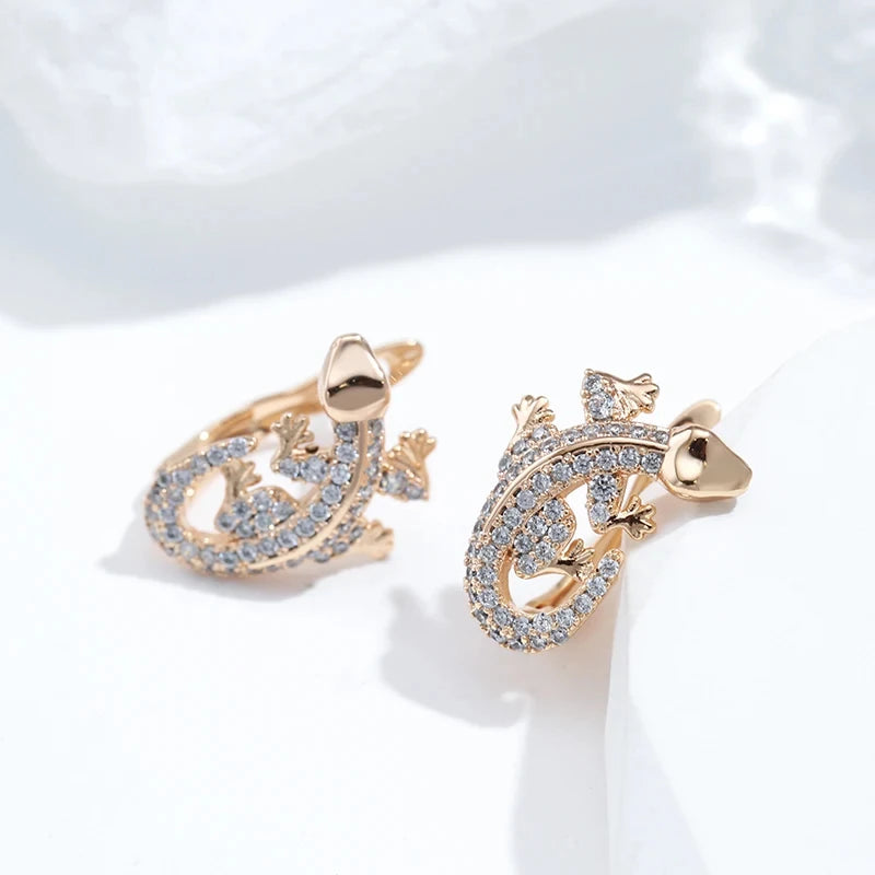 Boucles d'oreilles Lézards, bijou en alliage plaqué or 585 (14 ct) et zircons naturels