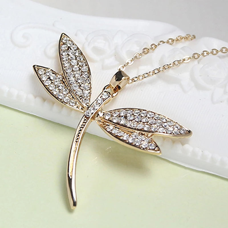 Collier pendentif Libellule, bijou en acier inoxydable doré et zircons naturels