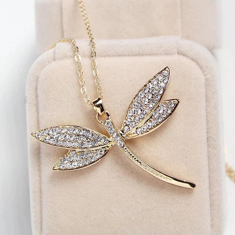 Collier pendentif Libellule, bijou en acier inoxydable doré et zircons naturels