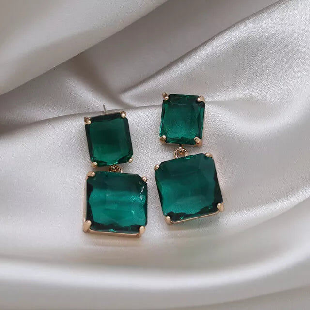 Boucles d'oreilles cristaux géométriques vert foncé, bijou en alliage plaqué or et en cristal