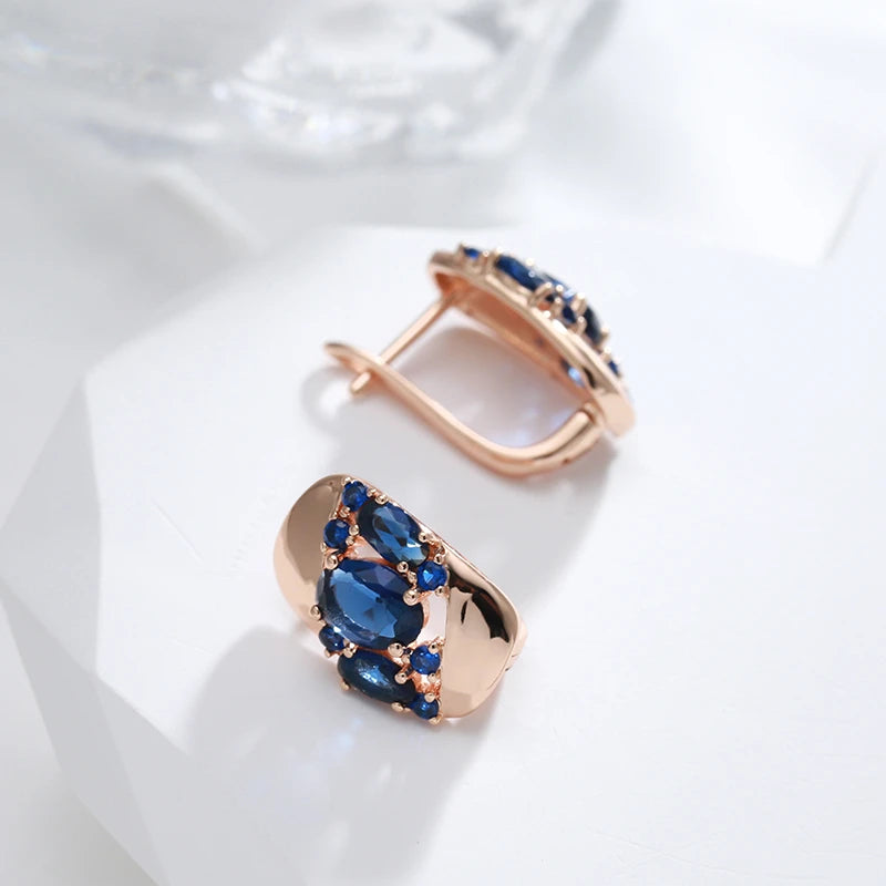 Boucles d'oreilles avec zircons bleu saphir, bijou en plaqué or rose