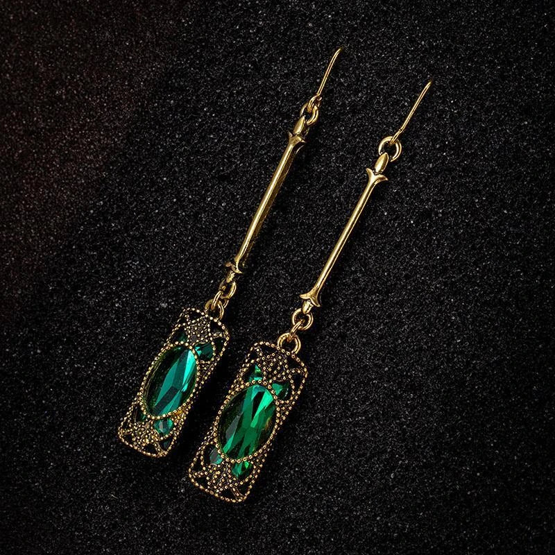 Boucles d'oreilles Rétros avec cristal vert, bijou en plaqué or