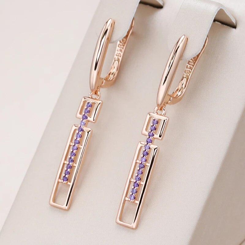 Boucles d'oreilles pendantes Zircons mauves, bijou en plaqué or rose