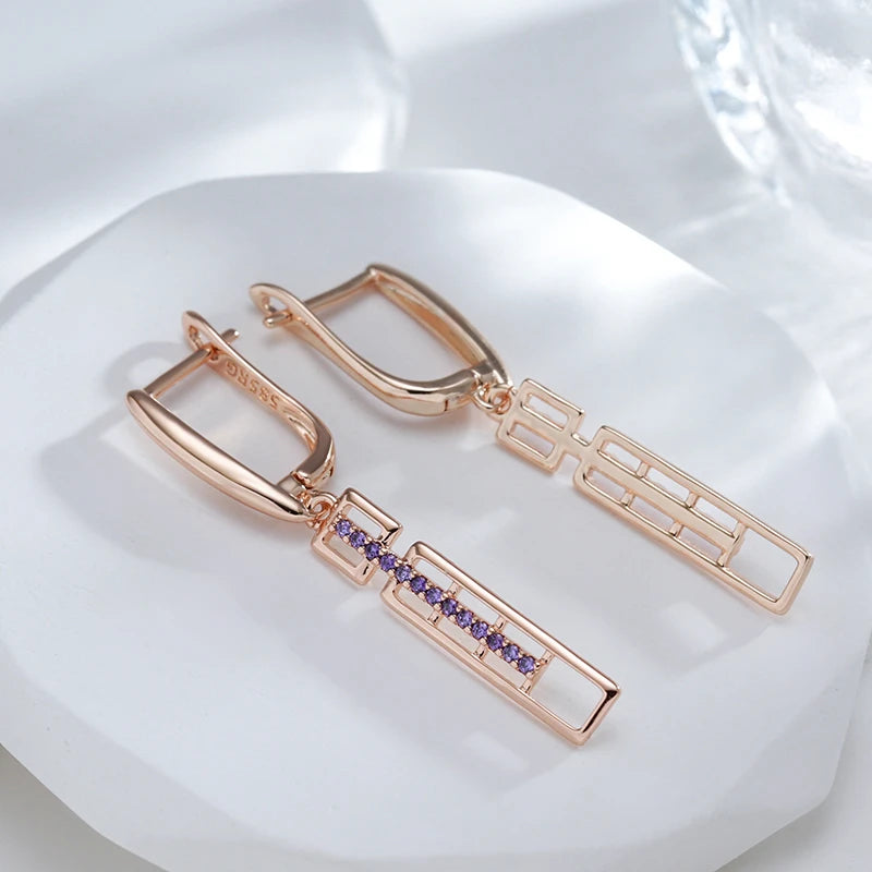 Boucles d'oreilles pendantes Zircons mauves, bijou en plaqué or rose
