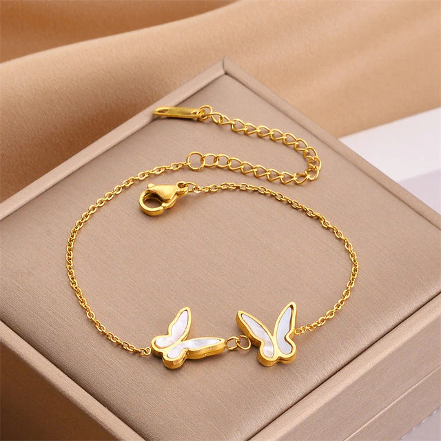 Bracelet Papillons blancs, bijou en acier inoxydable doré 18 carats