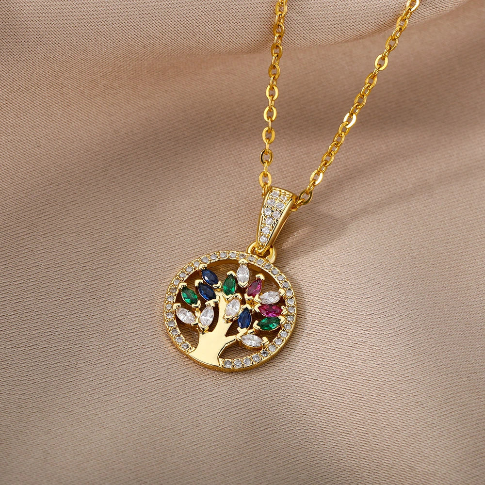 Collier Arbre de vie multicolore, bijou en acier inoxydable doré