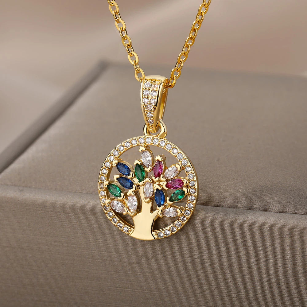 Collier Arbre de vie multicolore, bijou en acier inoxydable doré