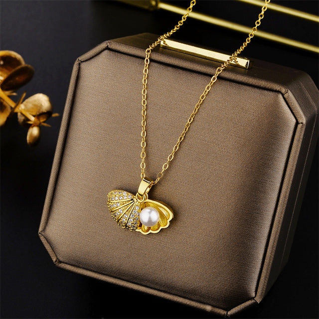 Collier Coquillage avec perle nacrée, bijou en acier inoxydable doré