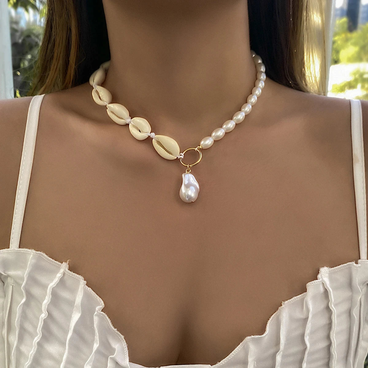 Pearl and shell necklace gold plated and acrylic jewelry YaliGifts