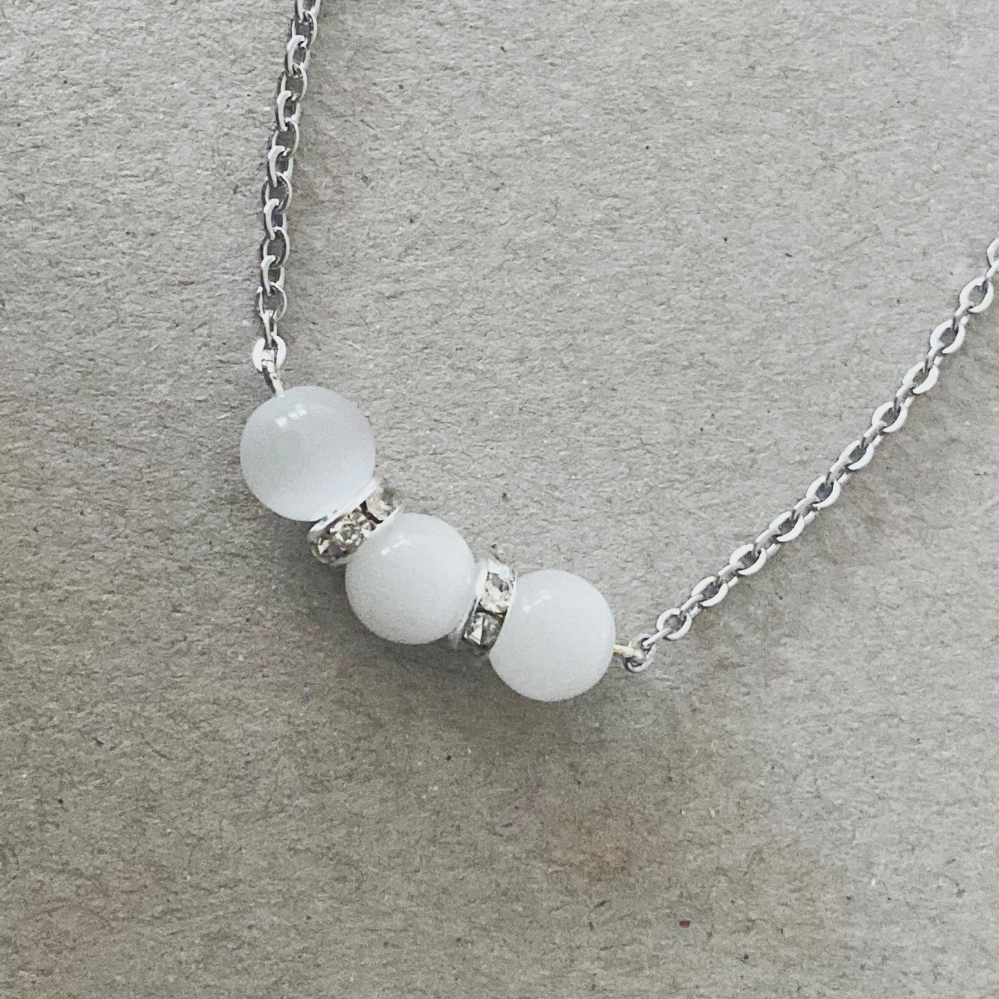 White cat's eye bead necklace, stainless steel jewelry