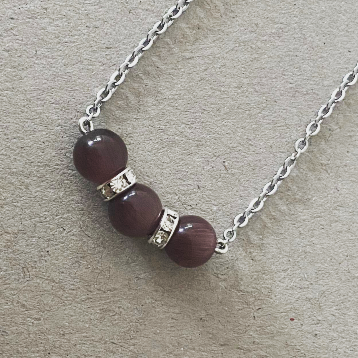 Dark purple cat's eye bead necklace, stainless steel jewelry