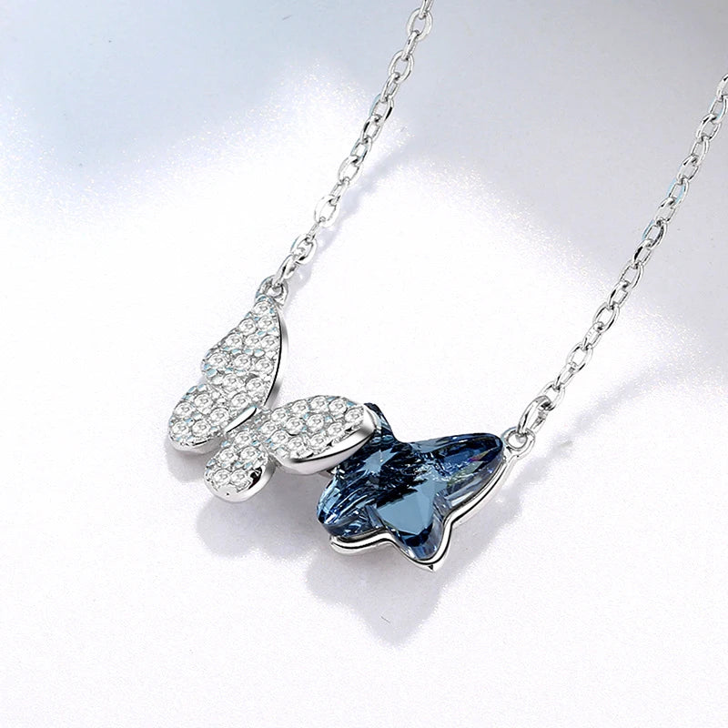 Collier Duo de papillons, bijou en alliage plaqué argent 925 et zircons naturels