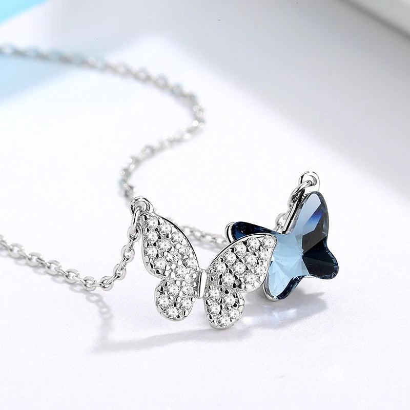 Collier Duo de papillons, bijou en alliage plaqué argent 925 et zircons naturels