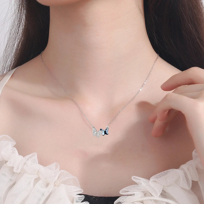 Collier Duo de papillons, bijou en alliage plaqué argent 925 et zircons naturels