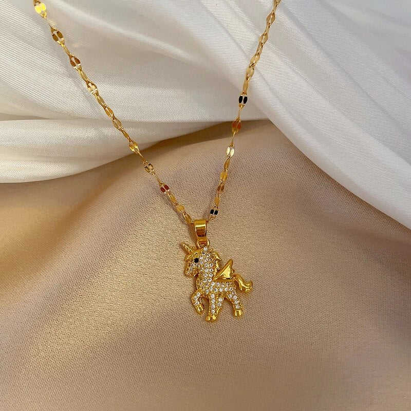 Collier Licorne avec chaîne maille grain de café, bijou en acier inoxydable doré