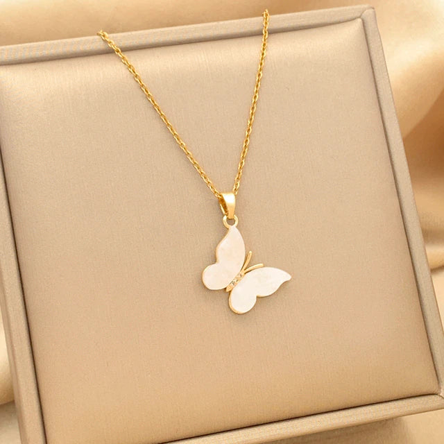 Collier Papillon blanc, bijou en acier inoxydable doré et zircons naturels