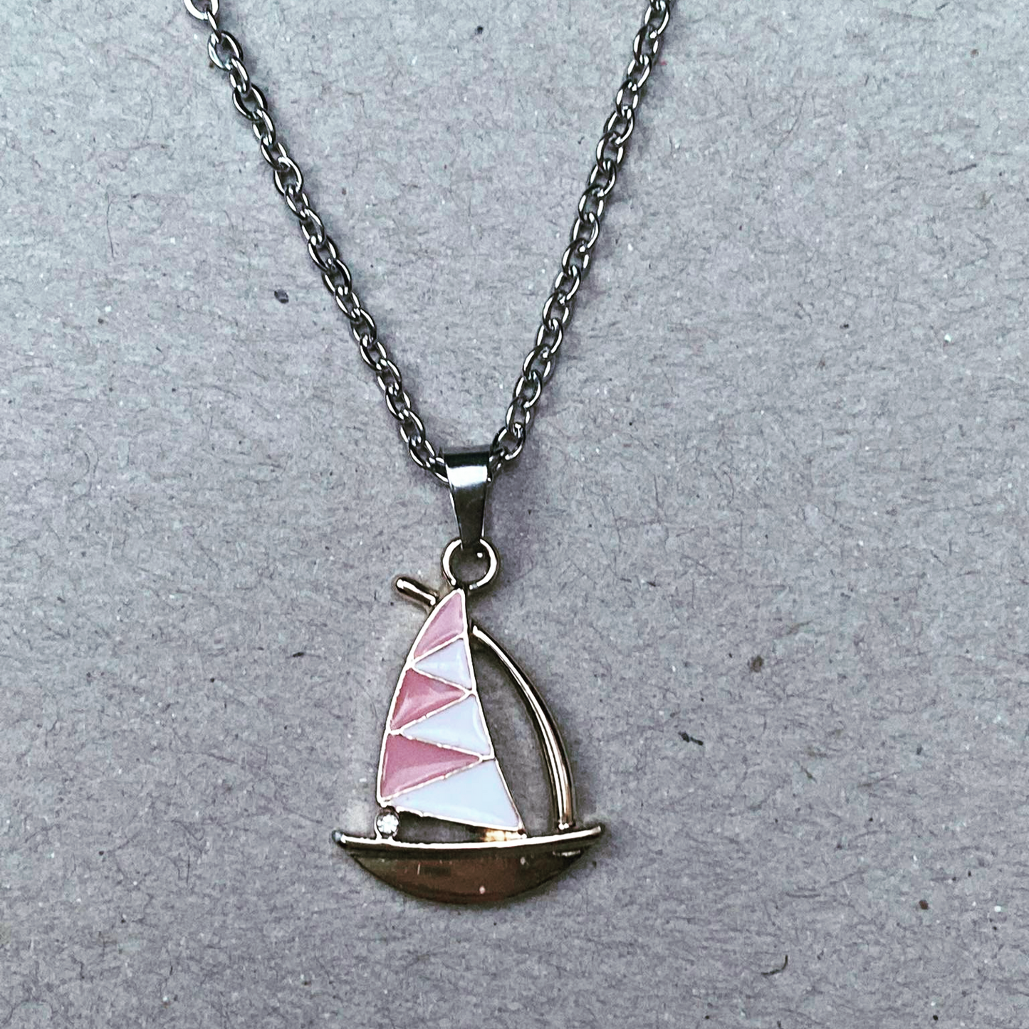 Pink and white sailing boat necklace, stainless steel and enamel jewelry