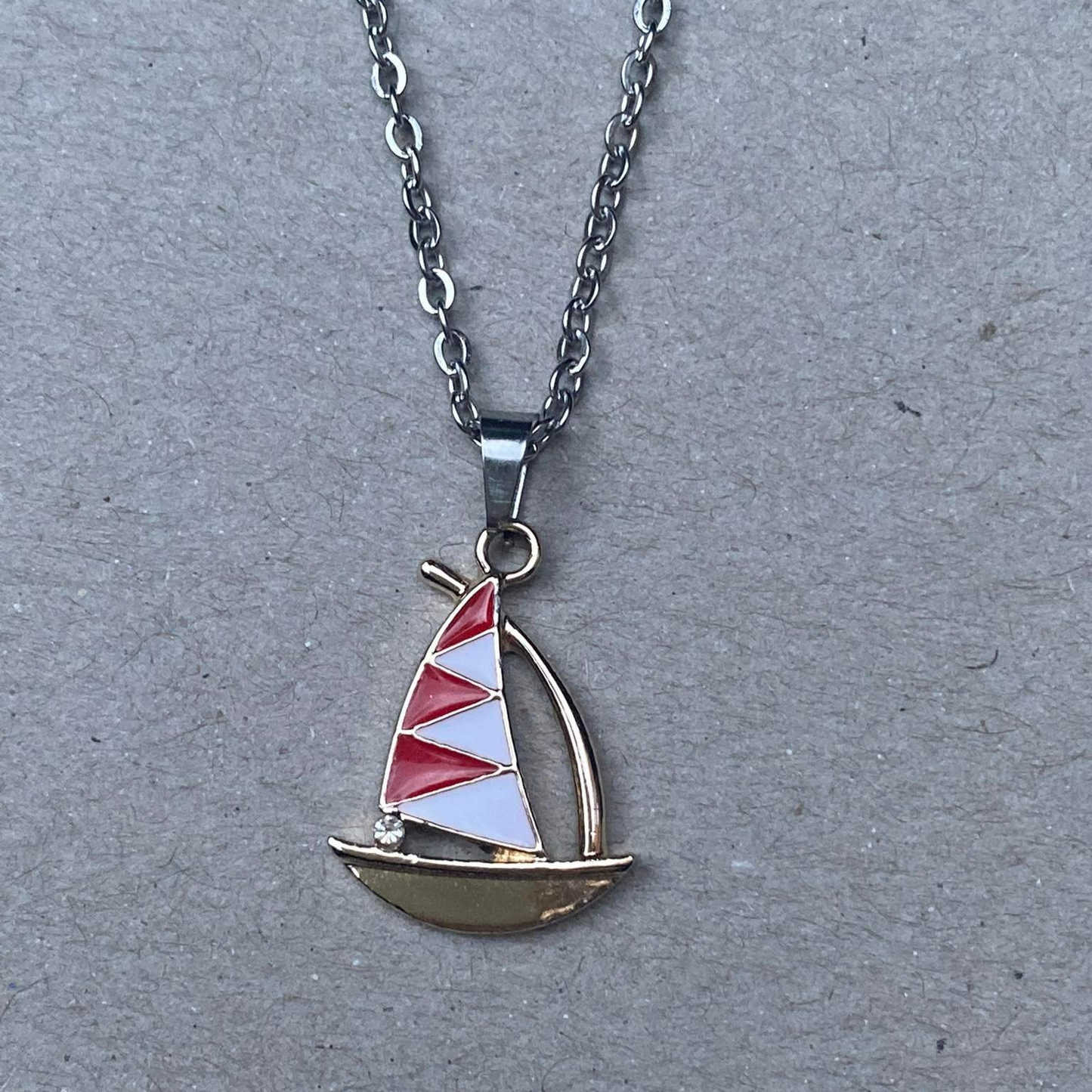 Pink and white sailing boat necklace, stainless steel and enamel jewelry