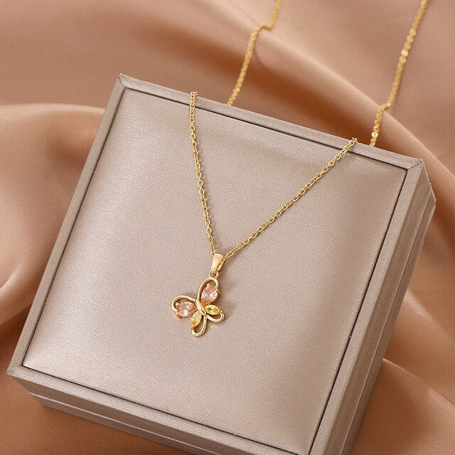 Collier Papillon jaune & rose, bijou en acier inoxydable doré et zircons naturels