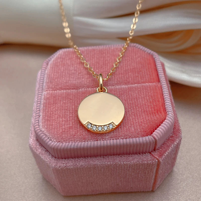 Collier pendentif rond à zircons, bijou en plaqué or rose