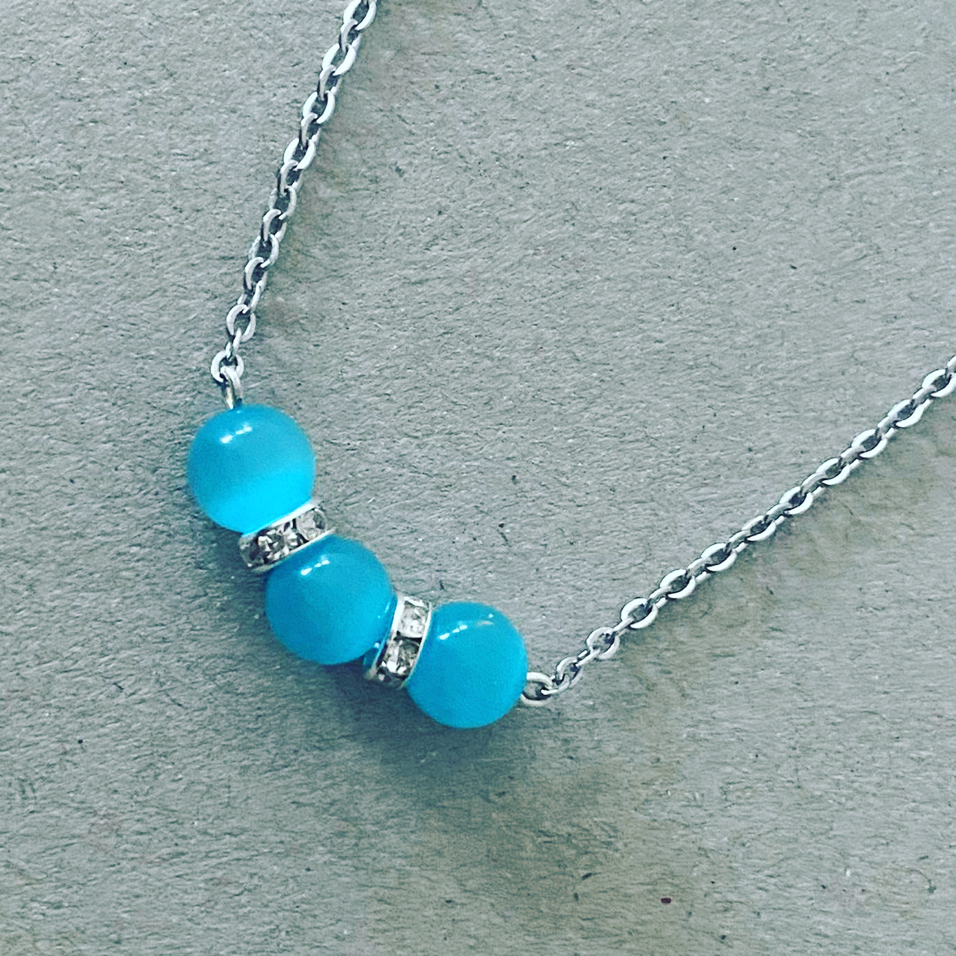 Blue cat's eye bead necklace, stainless steel jewelry