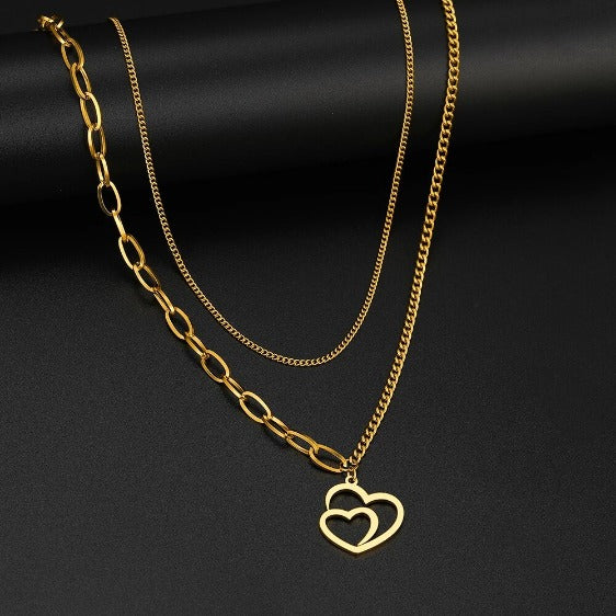 Duo de Colliers Coeurs, bijou en acier inoxydable doré