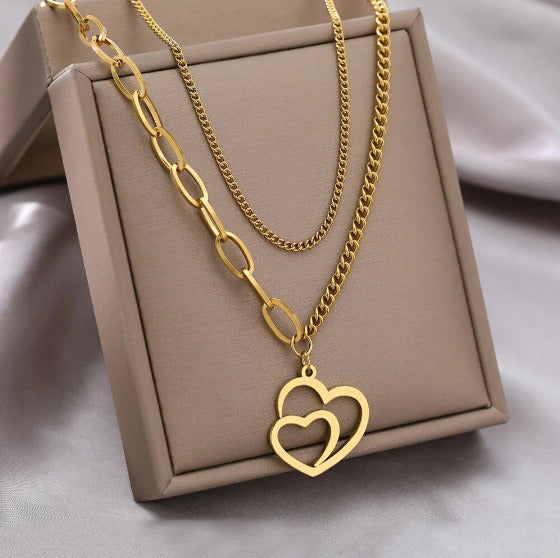 Duo de Colliers Coeurs, bijou en acier inoxydable doré