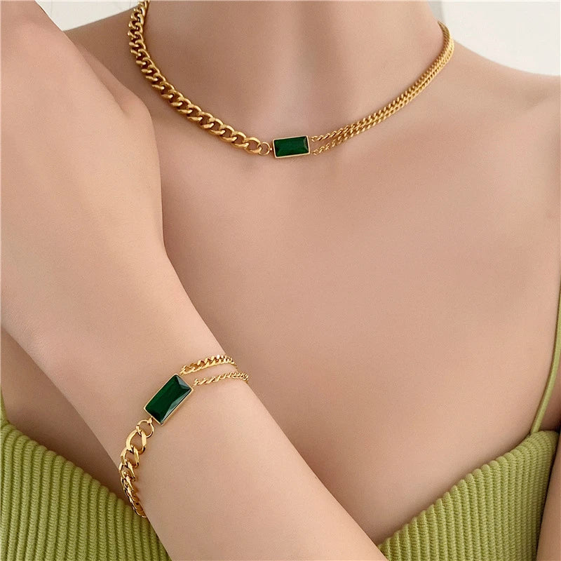 Parure de bijoux cristal vert émeraude, bijoux en acier inoxydable plaqué or et en cristal
